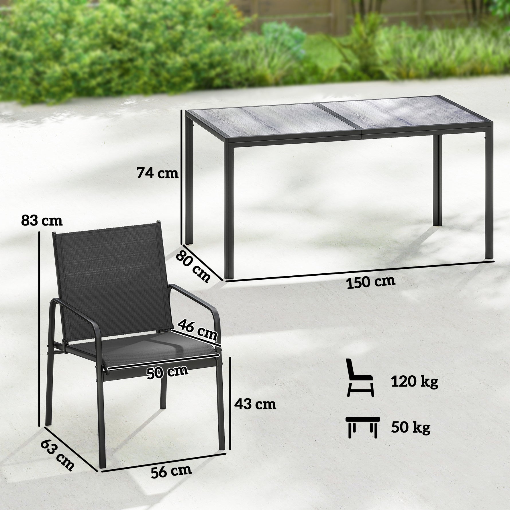 Salon de Jardin Extérieur pour 6 Personnes, Table de Patio Effet Bois et Chaises avec Assise en Maille Respirante, Cadre en Acier Galvanisé, Noir