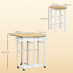Ensemble table de bar pliable roulettes + 2 tabourets blanc et bois clair - 2 tiroirs et porte-torchons