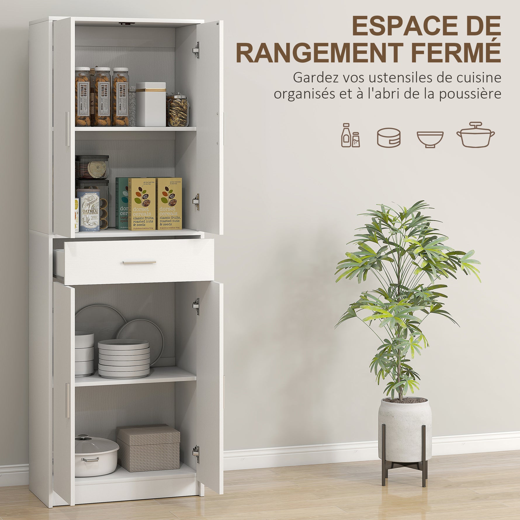 Armoire de cuisine moderne avec placards à portes, étagères réglables et tiroir, 60 x 35 x 180 cm, blanc