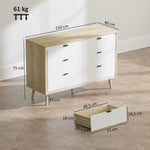 Commode 6 tiroirs, meuble de rangement à haute brillance, 5 pieds en bois, 110 x 40 x 75 cm, blanc et chêne