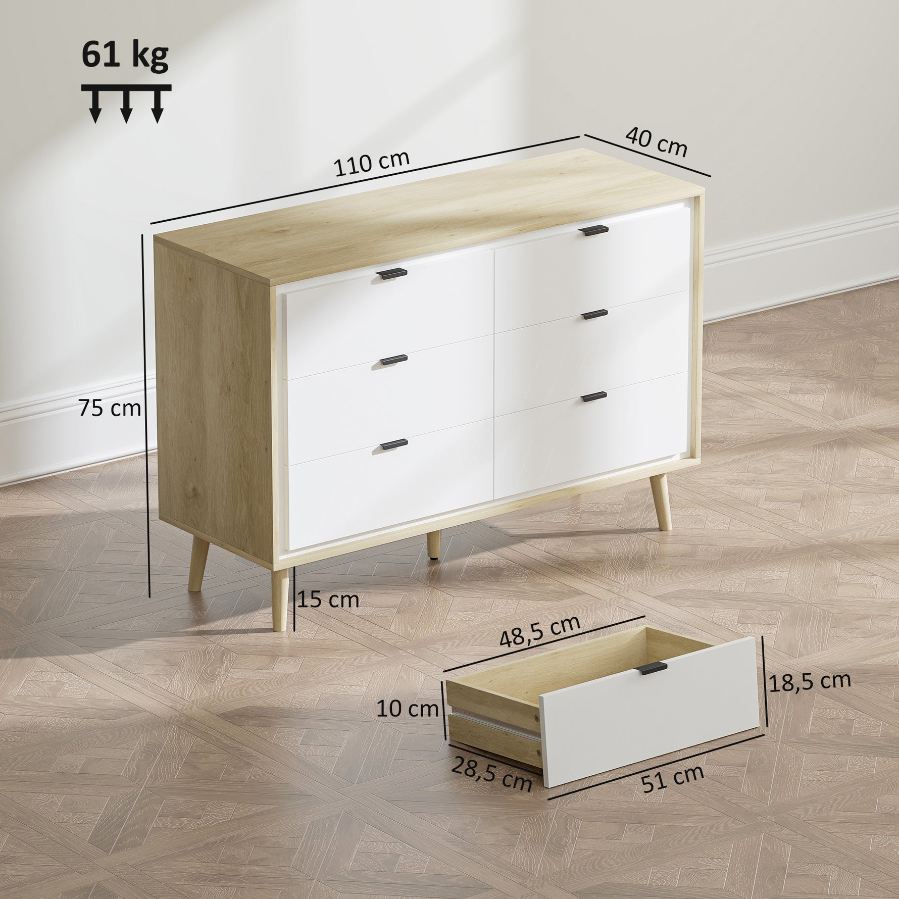 Commode 6 tiroirs, meuble de rangement à haute brillance, 5 pieds en bois, 110 x 40 x 75 cm, blanc et chêne