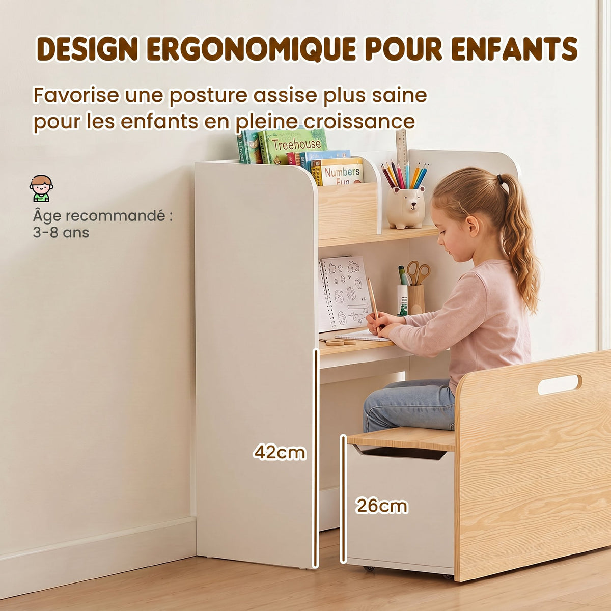 Bureau et Chaise pour Enfant 5 en 1 avec Bibliothèque et Banc Coffre à Roulettes, pour 3 à 8 Ans, Blanc