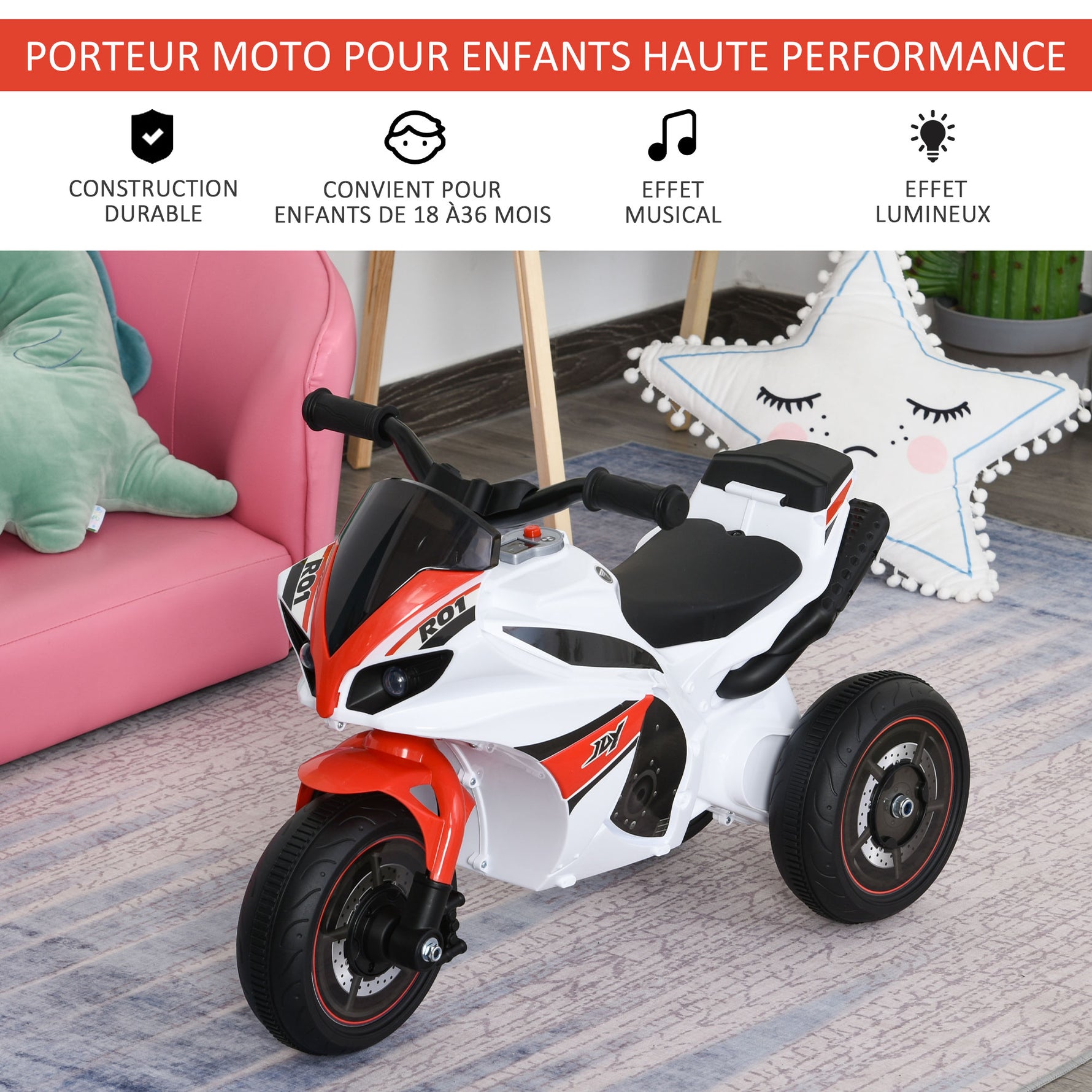 Porteur Enfants Moto de Course Effets musicaux et Lumineux Coffre Rangement Rouge Blanc
