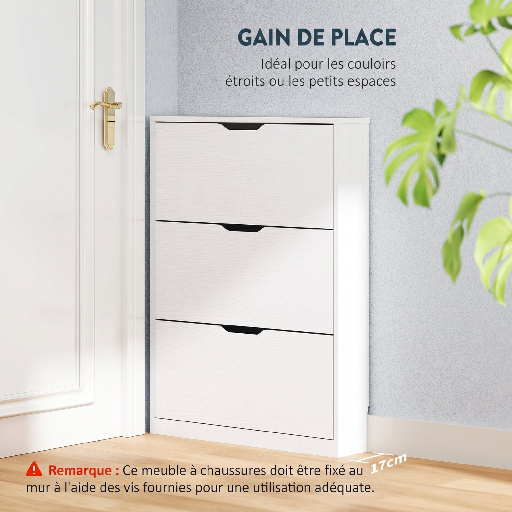 Meuble à chaussures 12 paires, armoire à chaussures, 3 tiroirs rabattables, pour couloir, entrée, 80x17x108cm, blanc