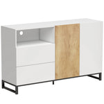 Buffet salon, meuble de rangement avec 2 portes à fermeture douce, 2 tiroirs et étagère réglable, blanc et chêne