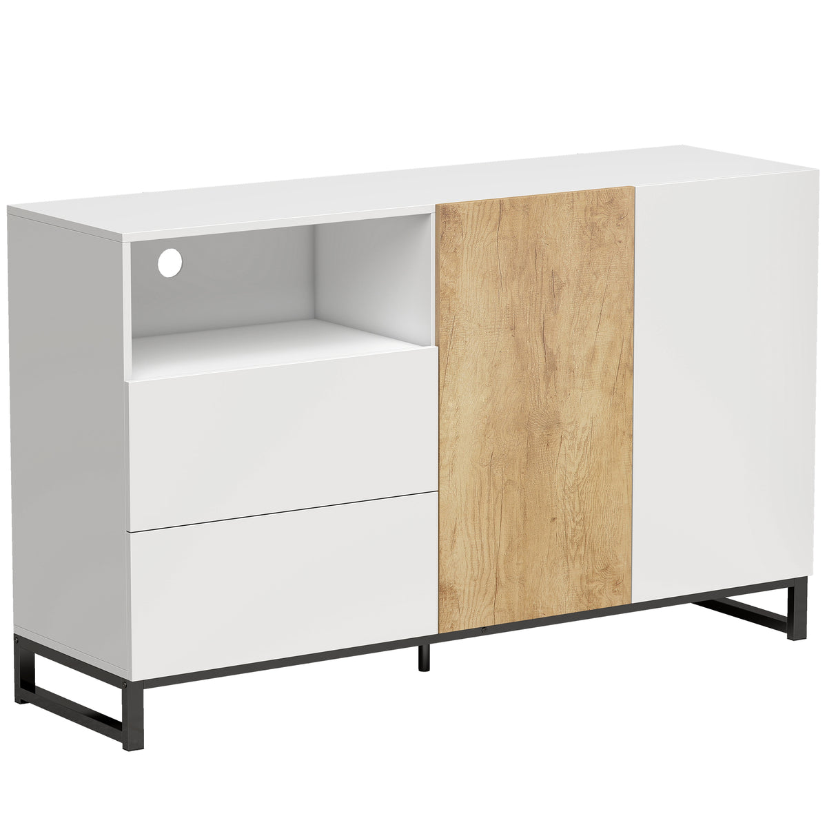 Buffet salon, meuble de rangement avec 2 portes à fermeture douce, 2 tiroirs et étagère réglable, blanc et chêne