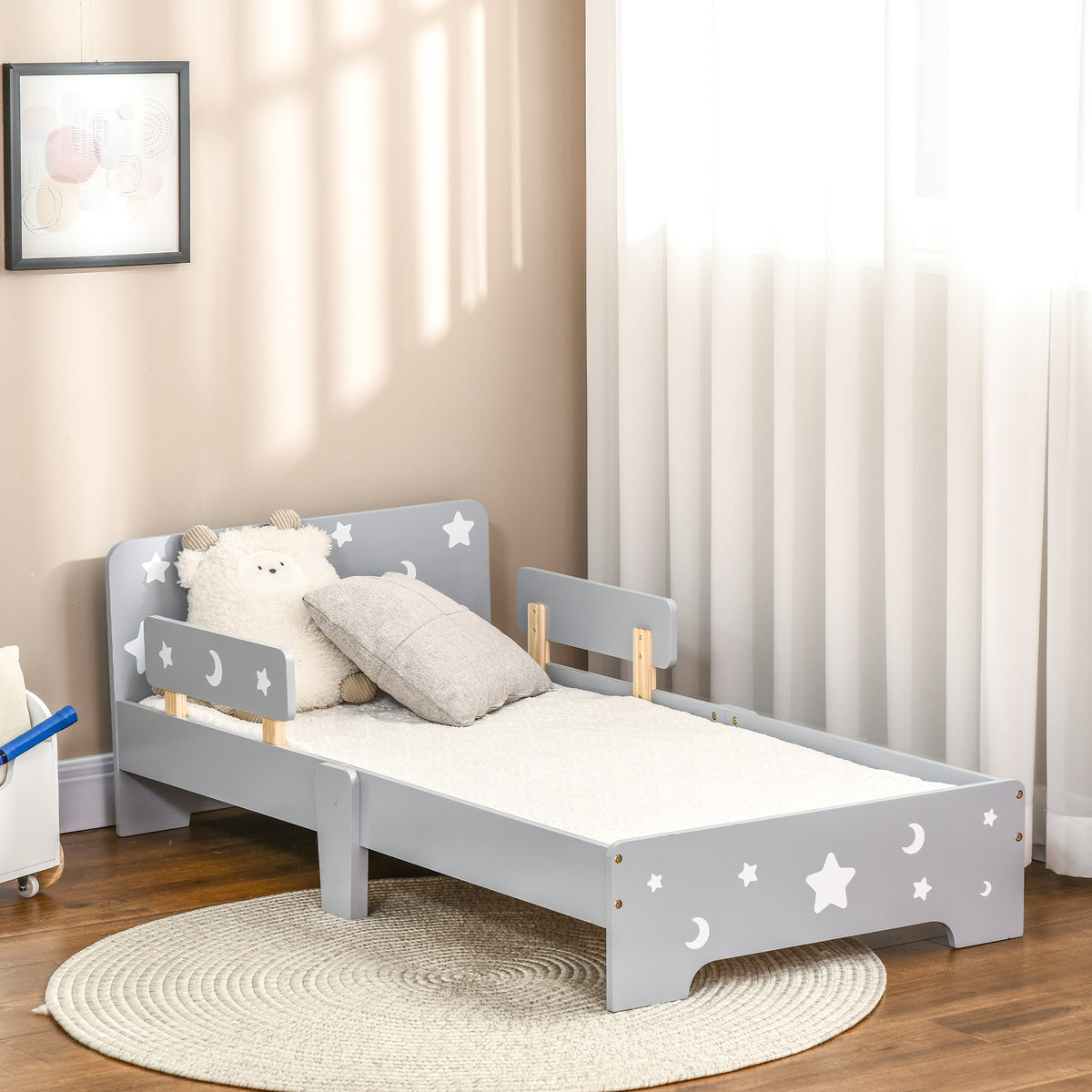 Lit pour enfants de 3 à 6 ans design étoiles et lune sommier à lattes inclus chambre moderne 143 x 76 x 49 cm gris