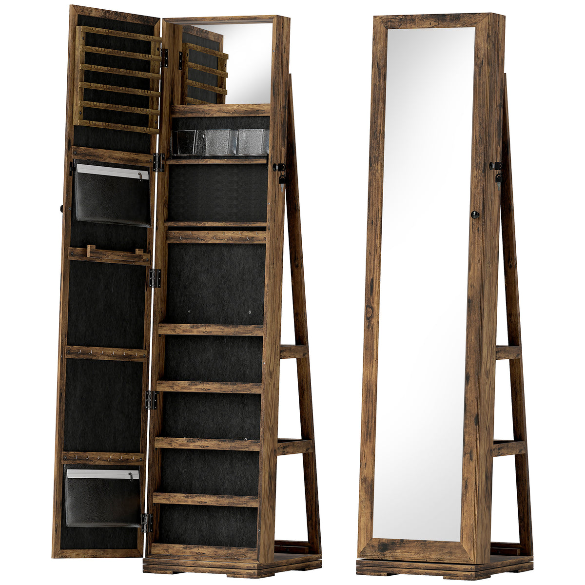 Lockable Swivel Jewelry Armoire with Mirror - Multi-Storage Jewelry Cabinet - Rustic Brown