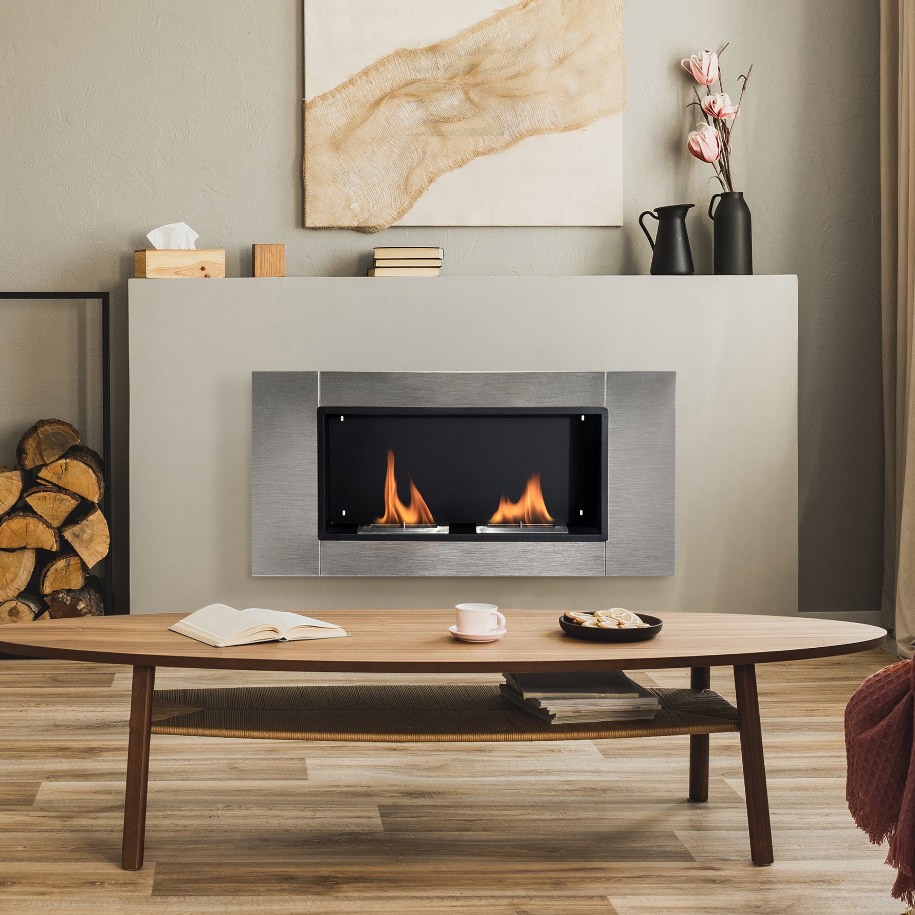 Cheminée bioéthanol Murale encastrable brûleur 2*0,9 L, environ 3 h de durée de combustion 110L x 14,5l x 54H cm Couverture 25-30 m² Acier inox