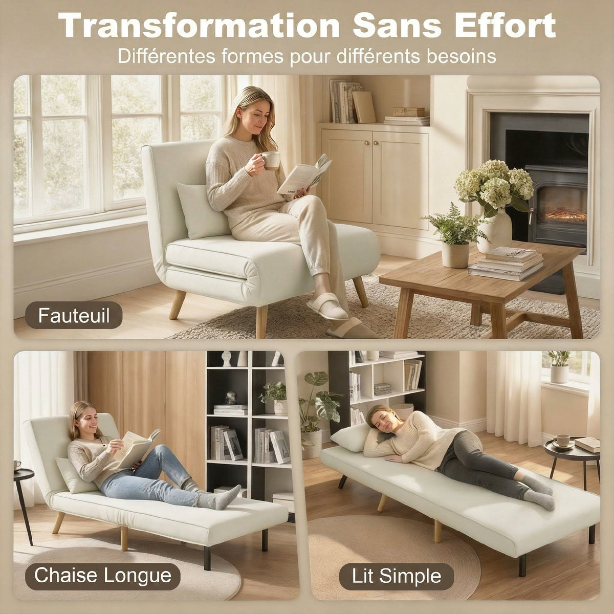 3-in-1 slaapfauteuil, eenpersoons slaapstoel, 5-standen rugleuning, van stof met kussen, crème