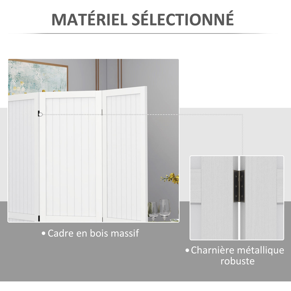 Paravent en bois séparateur de pièce closion intérieur pliable 4 panneaux en bois 160 x 170 cm blanc