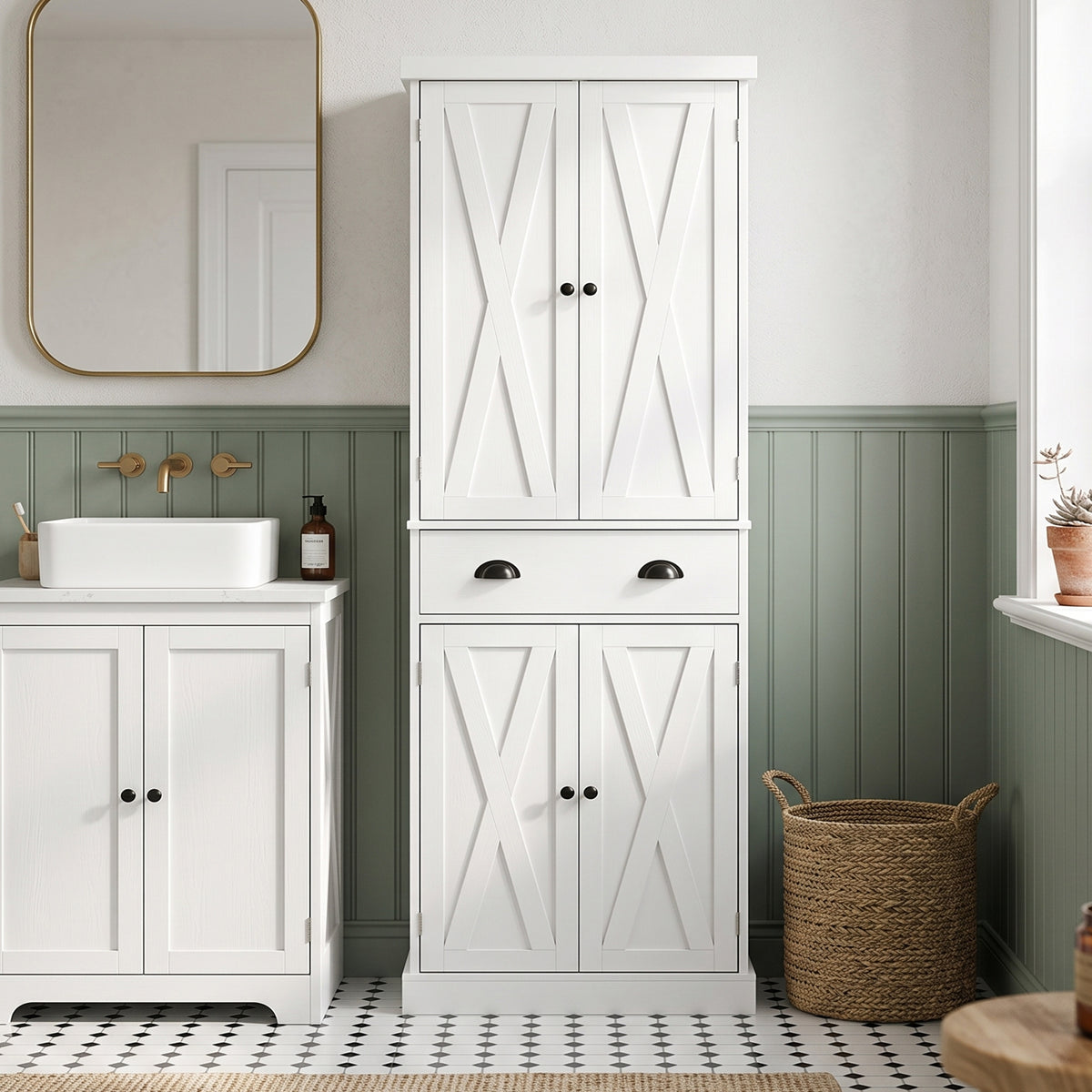 Aparador alto de cocina, armario de cocina con 4 puertas, cajón y estantes ajustables, estilo rústico, 62x38x173cm, blanco