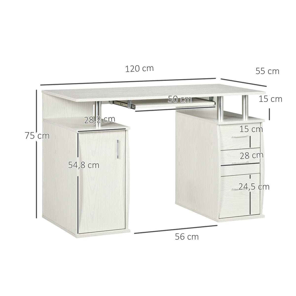 Bureau d'ordinateur, bureau informatique 120 x 55 cm avec plateau pour clavier, 3 tiroirs, pour chambre, domicile, blanc