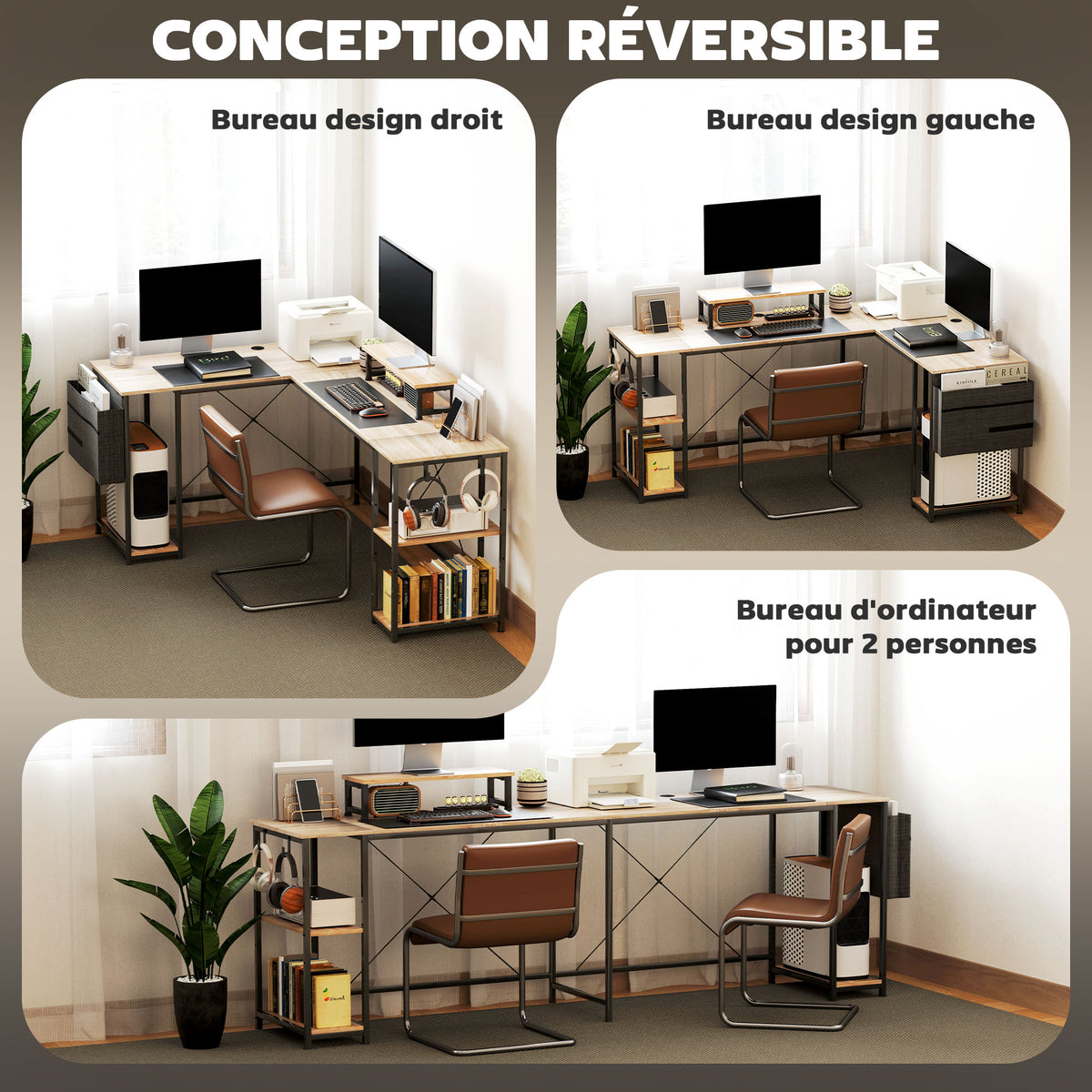 Modulair omkeerbaar hoekbureau 168-240 cm industriële stijl - verstelbare plank, opbergtas, monitorsteun