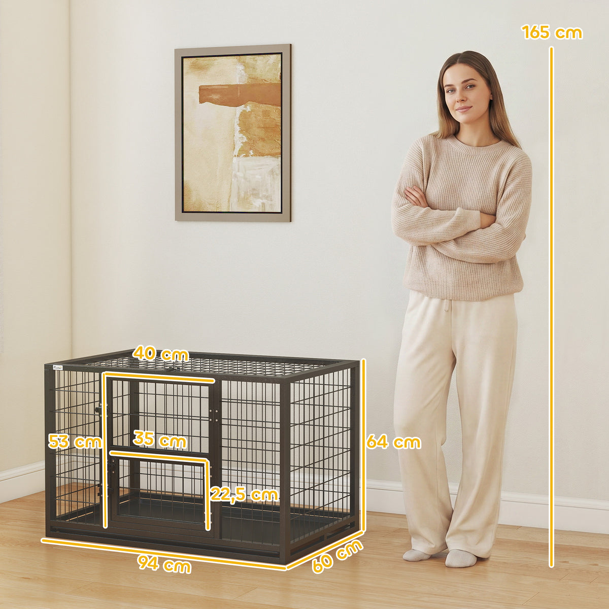 Jaula para perro resistente, caseta para interior con techo abatible y puerta de alimentación, acero, 94 x 60 x 64 cm, negro