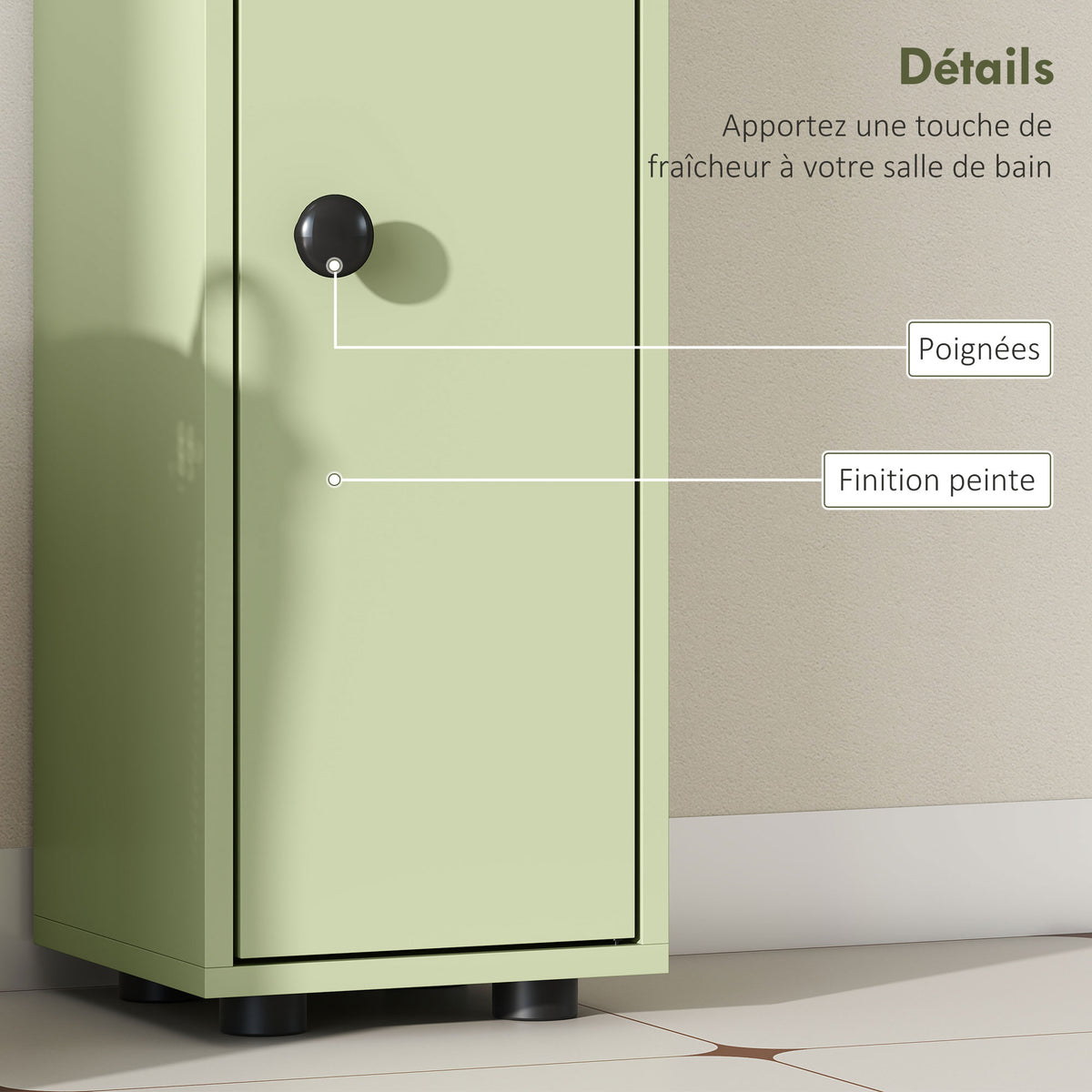 Tall bathroom storage cabinet, 1 drawer, 4 adjustable shelves and 2 cupboards, 20 x 20 x 180 cm, green