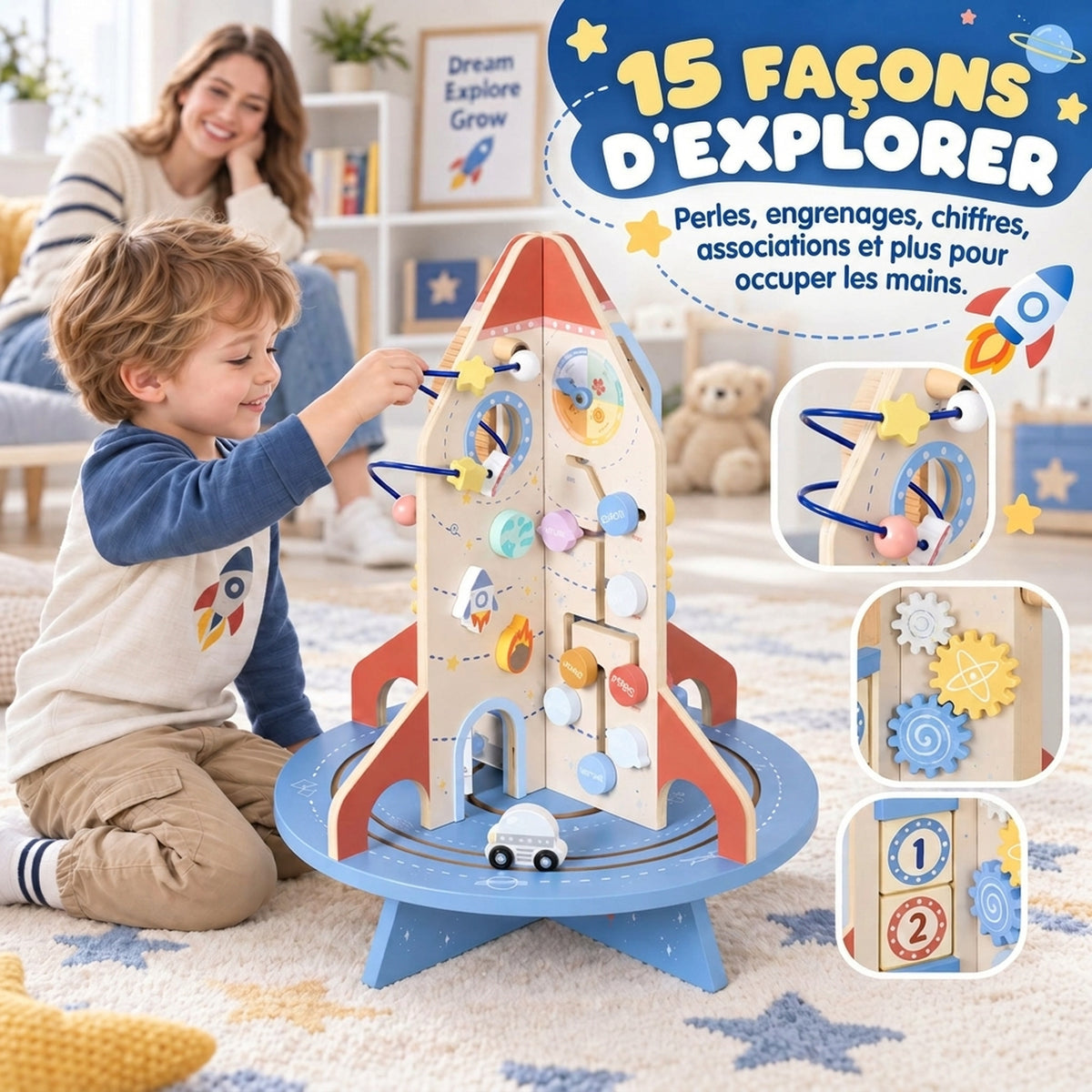 Rocket-Themed Wooden Activity Cube, Educational Cube with Shape Sorter and Bead Maze, for Ages 2 to 6