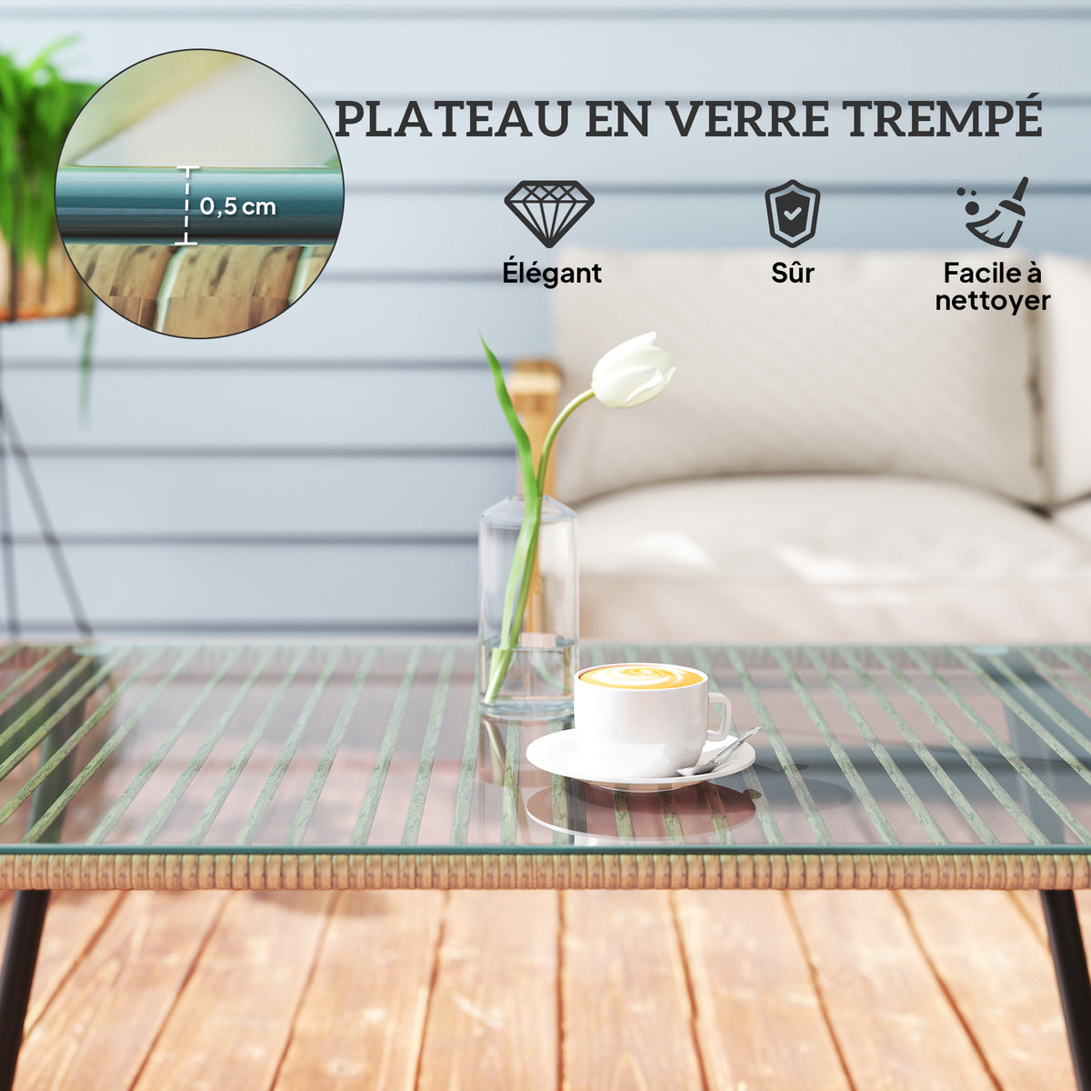 Tavolino da giardino con piano in vetro temperato da 5 mm, tavolino d'appoggio per esterni, struttura in acciaio, effetto legno naturale