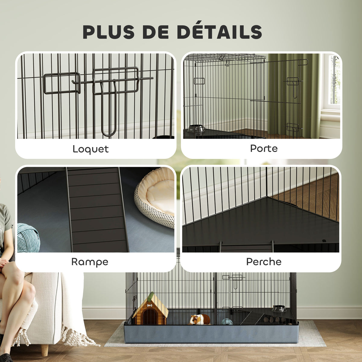Cage pour petits animaux 2 en 1 avec dessus amovible enclos lapin 2 zones séparées rampe 121 x 61 x 61 cm en acier noir