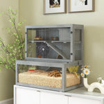 Cage Hamster en Bois, 3 Niveaux avec Cabane, Roue, Rampes, Panneau Transparent, Espaces Séparés, 80x50x84cm, Gris