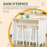 Desserte îlot de cuisine avec 2 tabourets plan de travail rabattable 2 placards avec 4 portes design moderne blanc
