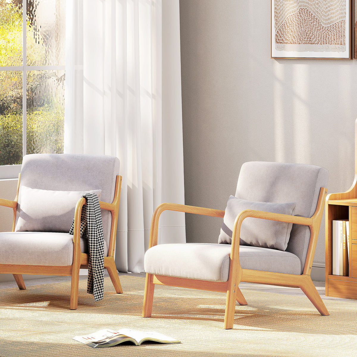 Fauteuil lounge - 3 coussins inclus - assise profonde - accoudoirs - structure bois hévéa - velours givré gris