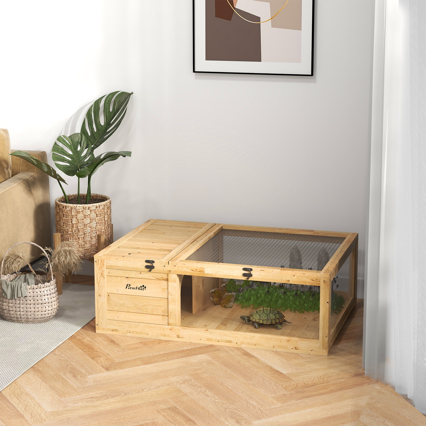 Maison enclos cage habitat pour petit animal tortues avec 2 espaces 91 x 60,5 x 32 cm bois massif jaune clair