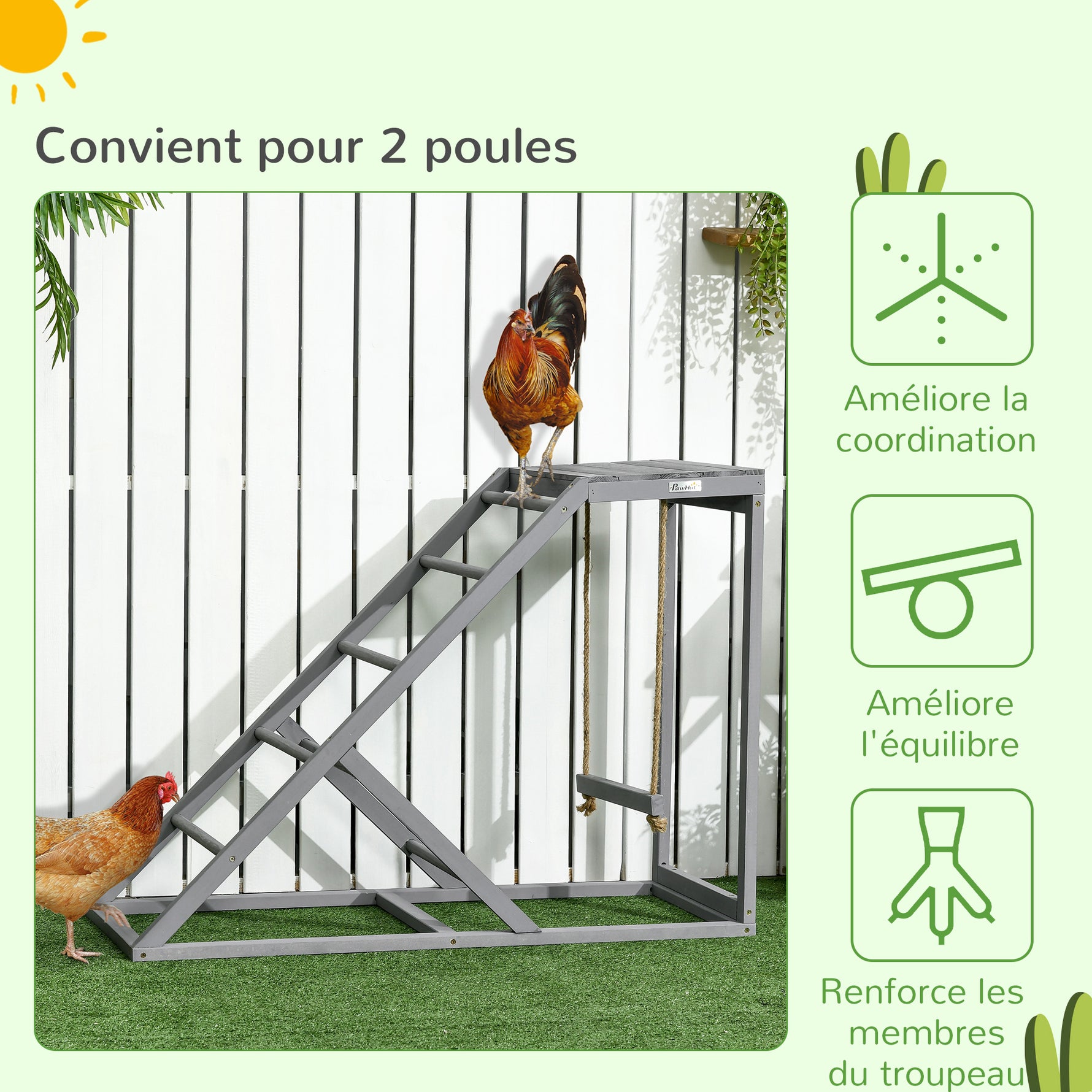 Perchoir en bois pour poule, aire de jeux en bois pour poules avec balançoire, échelle, plateforme, 96 x 40 x 71 cm, gris