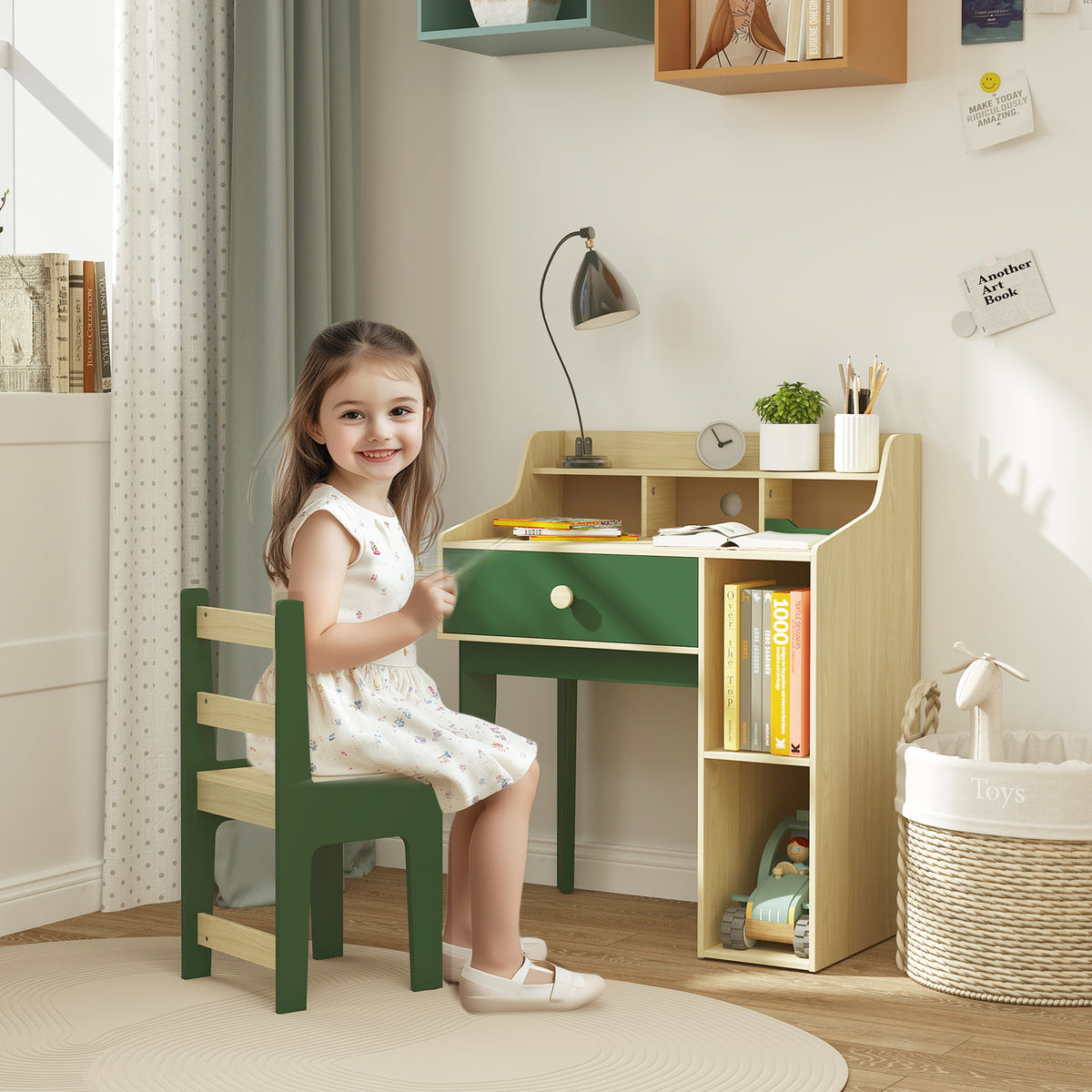 Ensemble bureau et chaise pour enfant avec étagères de rangement et tiroir, mobilier pour enfants de 3 à 10 ans, vert