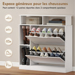 Meuble à chaussures, armoire à chaussures, 2 tiroirs rabattables, compartiments ouverts et étagère réglable, blanc