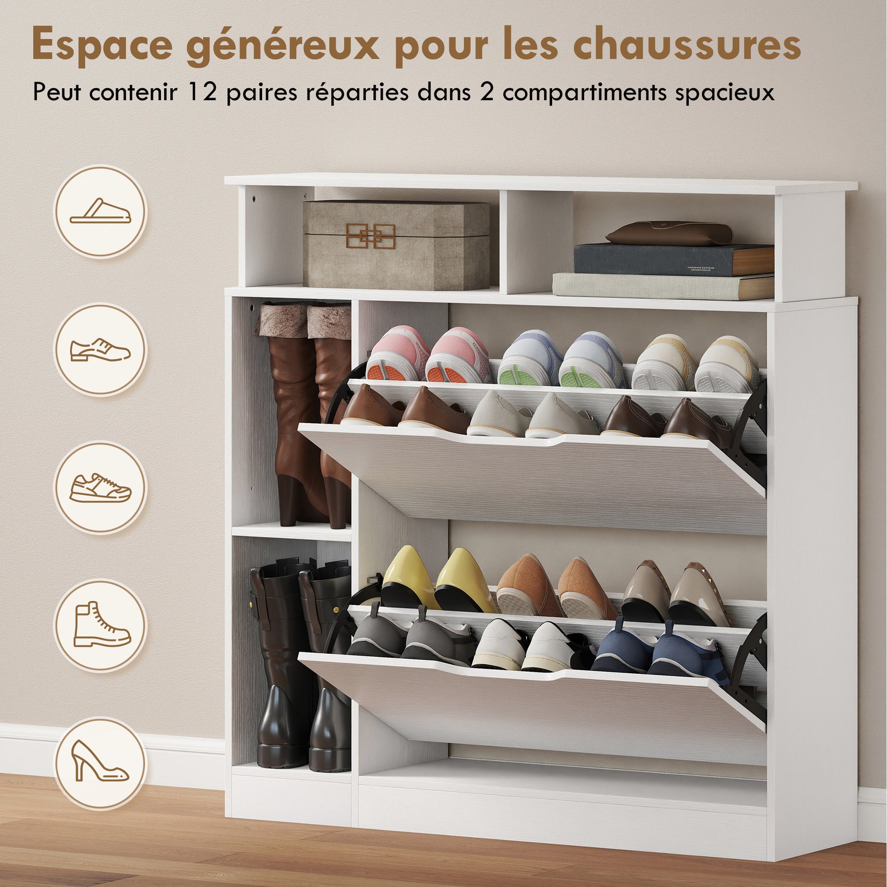 Meuble à chaussures, armoire à chaussures, 2 tiroirs rabattables, compartiments ouverts et étagère réglable, blanc