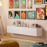 Meuble TV suspendu 140cm, meuble télé pour téléviseur 72 pouces, 2 portes rabattables, 140x25x22cm, blanc