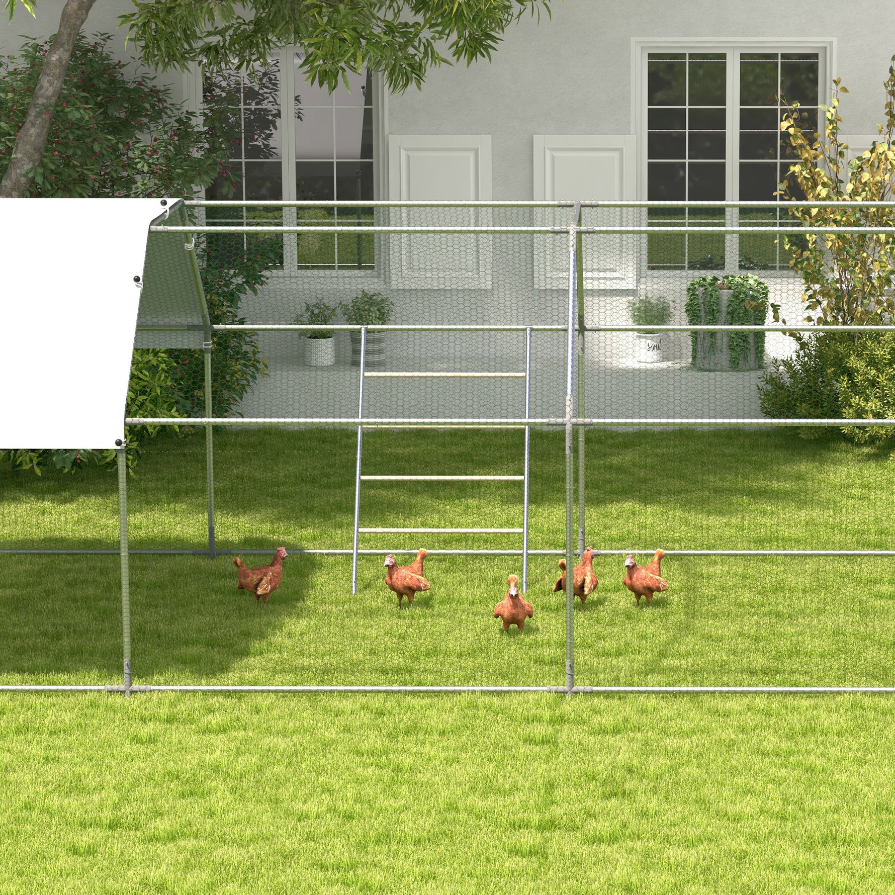 Grand perchoir échelle pour poules 4 niveaux avec barreaux en bois et structure métal 140 x 86 x 2,5 cm argent naturel