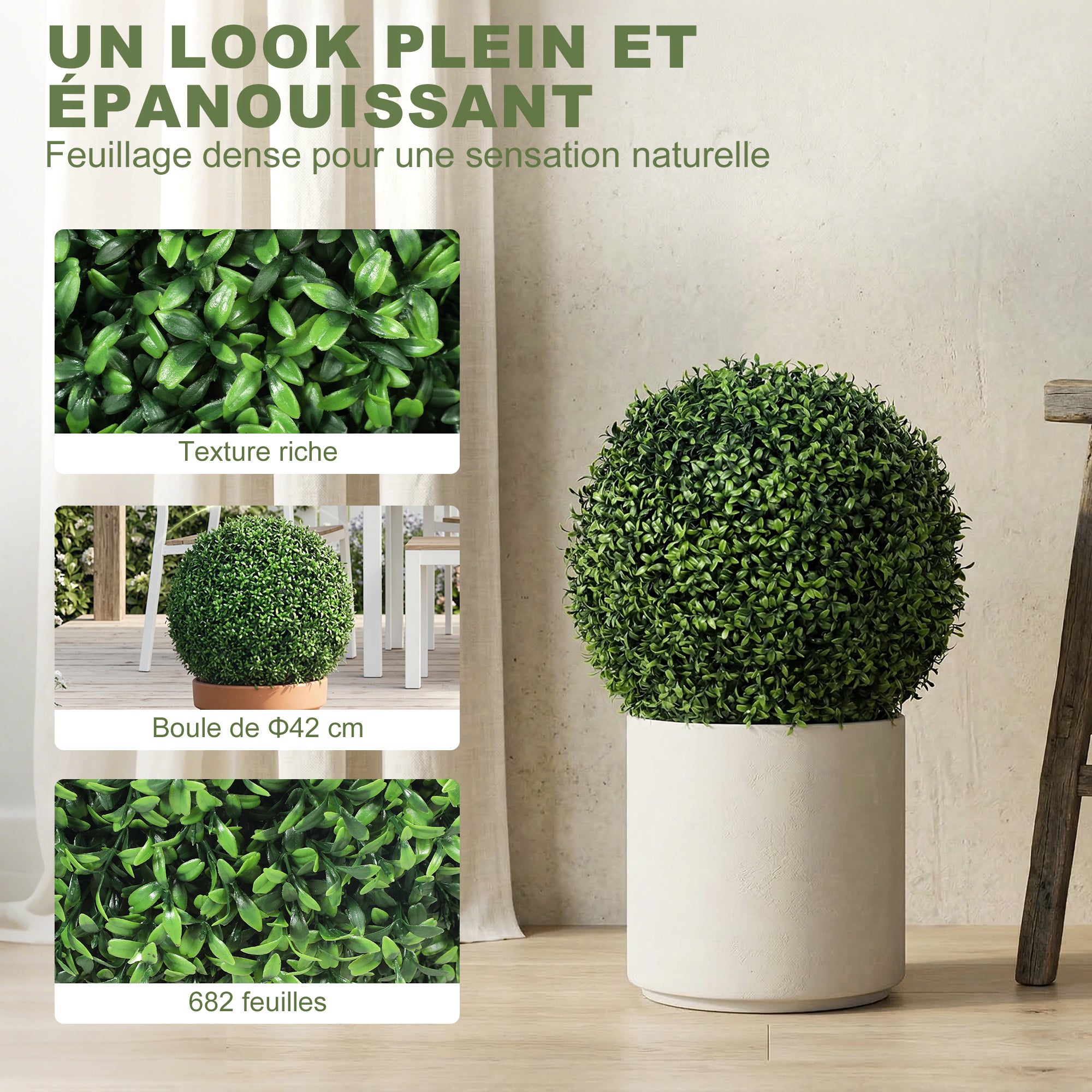 Lot de 2 boules de buis artificielles en pot, résistantes aux UV, 42 cm, pour décoration intérieure/extérieure