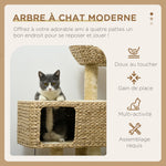 Arbre à chat avec griffoir niche panier d'observation plateformes pompon suspendus 60 x 40 x 98 cm beige