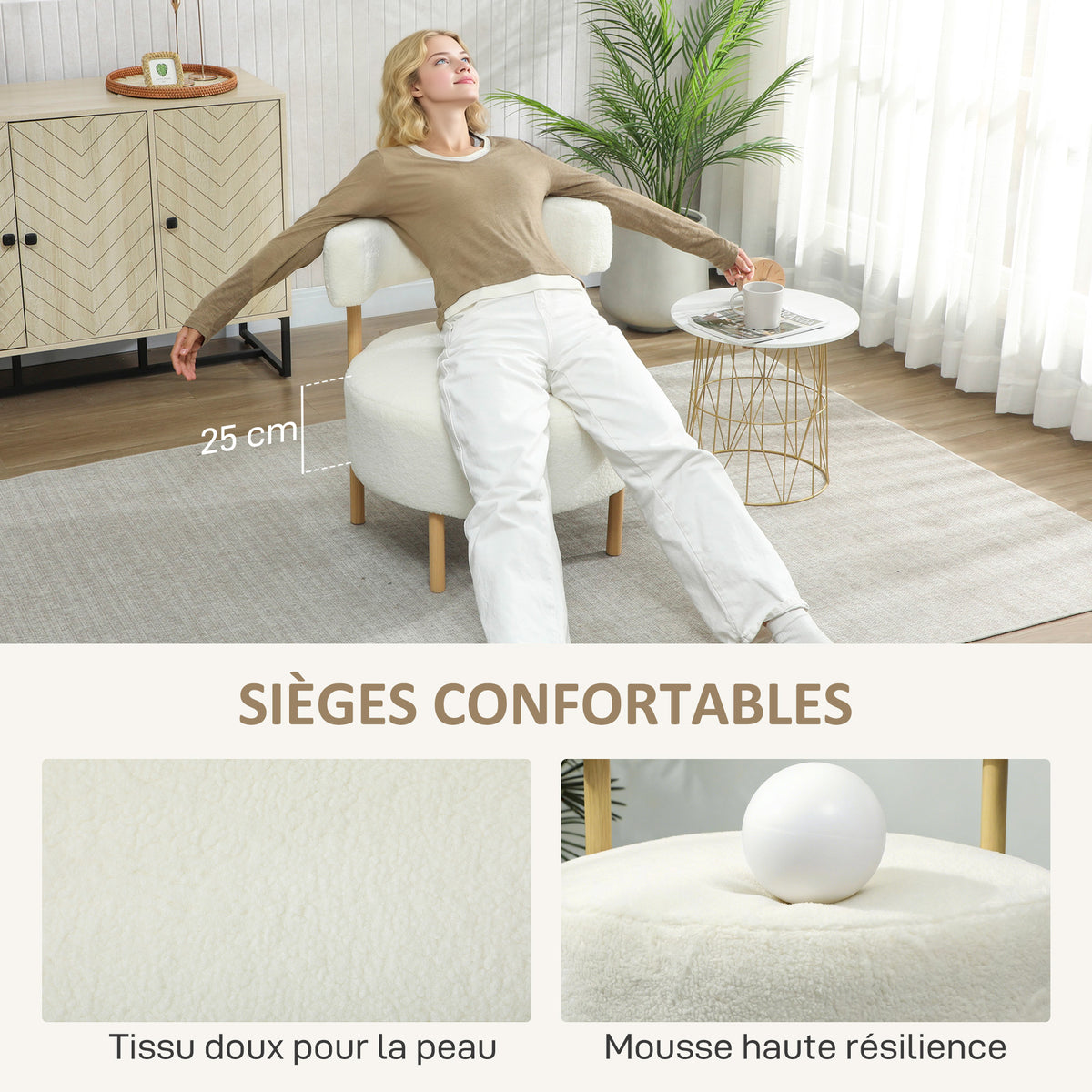 Canapé 1 place en tissu bouclette, fauteuil de salon rembourré avec dossier incurvé, assise large, 67x67x71cm, crème