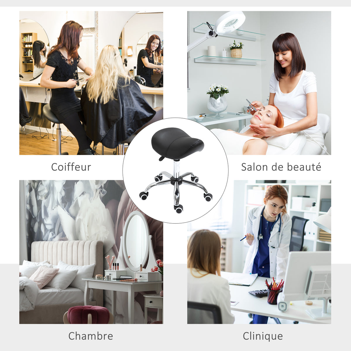Tabouret à roulettes, tabouret de massage avec hauteur réglable 49-61 cm et selle ergonomique, chaise de travail à roulettes pivotant 360°, pour salon de massage tatouage clinique spa, noir