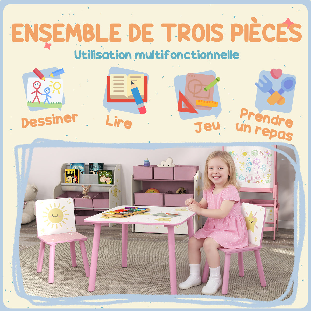 Mesa infantil con silla, juego de mesa y 2 sillas infantiles de madera, motivos de estrellas, 60 x 60 x 44 cm, rosa