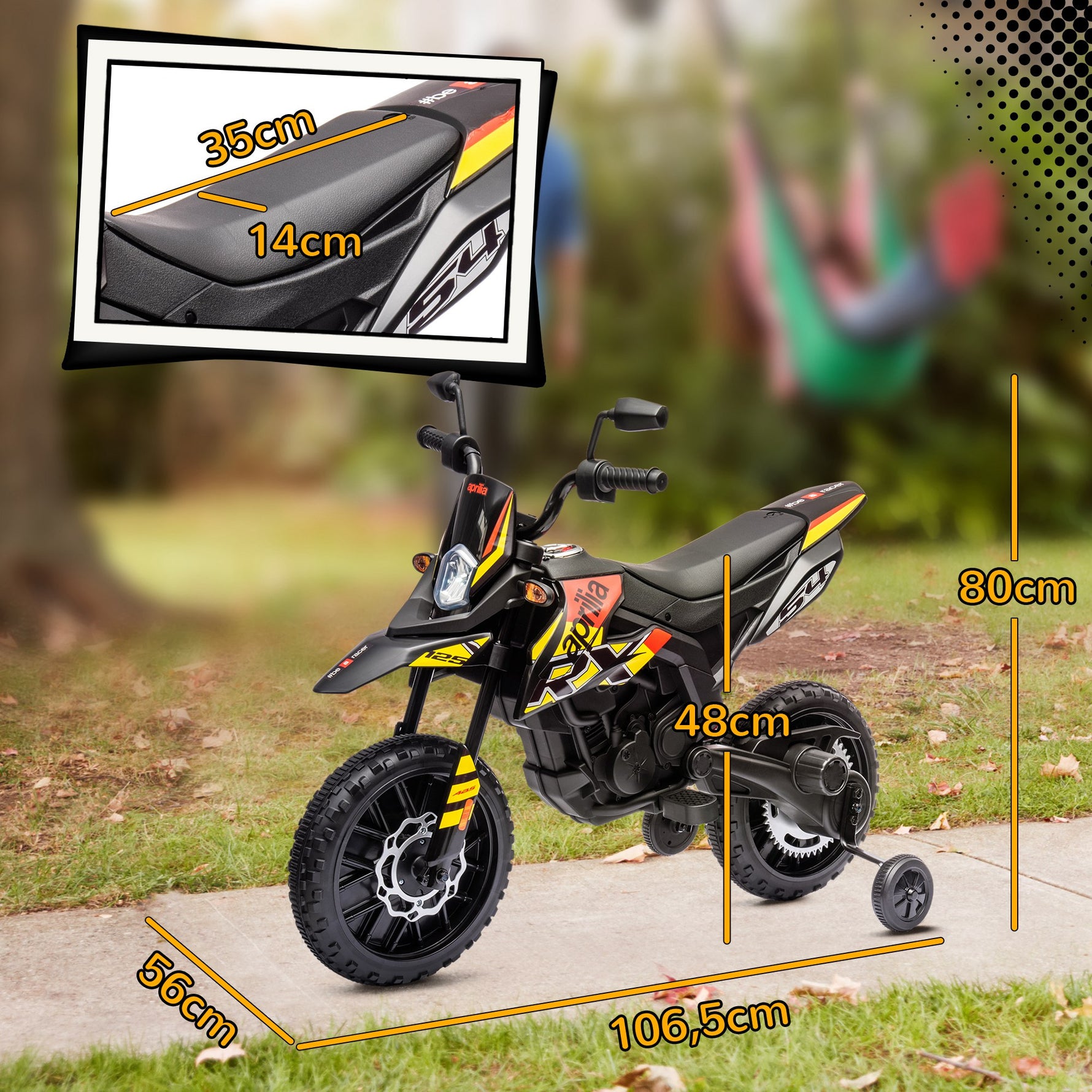 Moto électrique enfants sous licence Aprilia avec 2 moteurs 12V, roues d'entraînement, lumière LED, musique - jaune