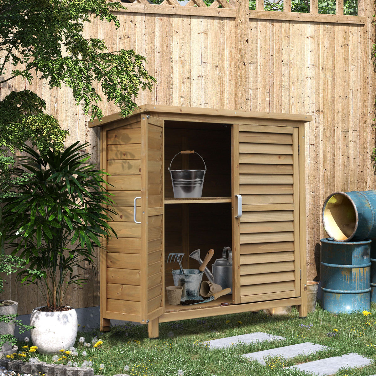 Armoire de jardin abri jardin remise pour outils sur pied dim. 87L x 46,5l x 96,5H cm  étagère portes persiennes toit bitumé jaune