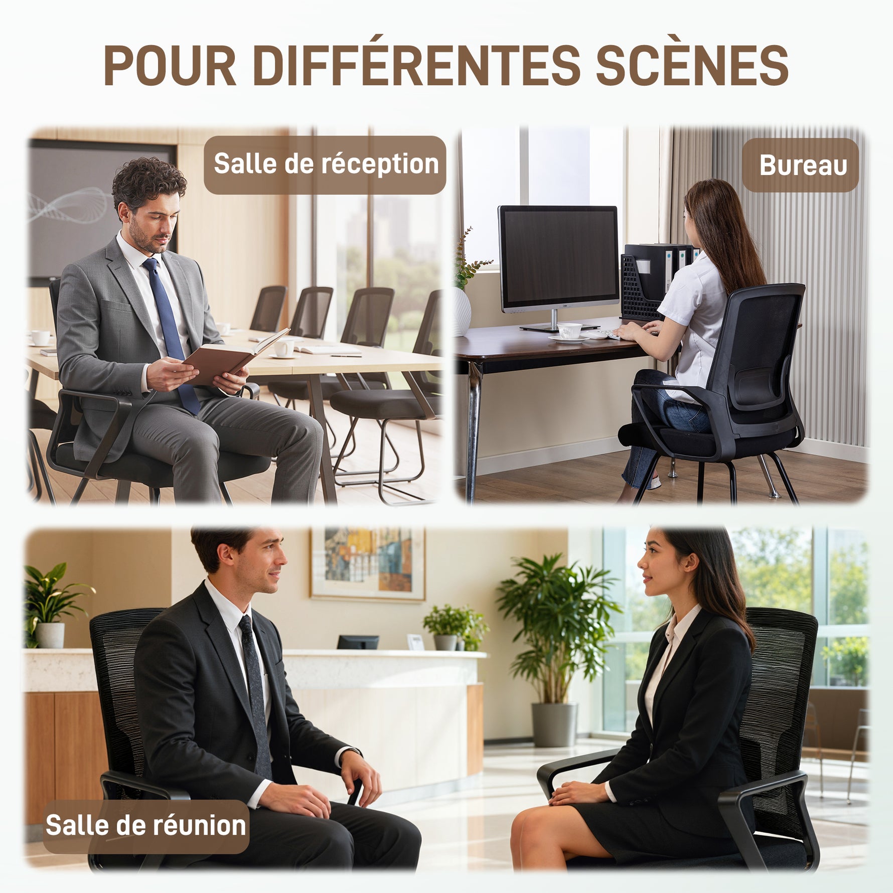 Chaise de bureau ergonomique sans roulettes, chaise de conférence avec dossier en maille, soutien lombaire, noir