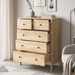 Commode meuble de rangement 5 tiroirs pour chambre, bureau, entrée, chêne et poignée métal noir
