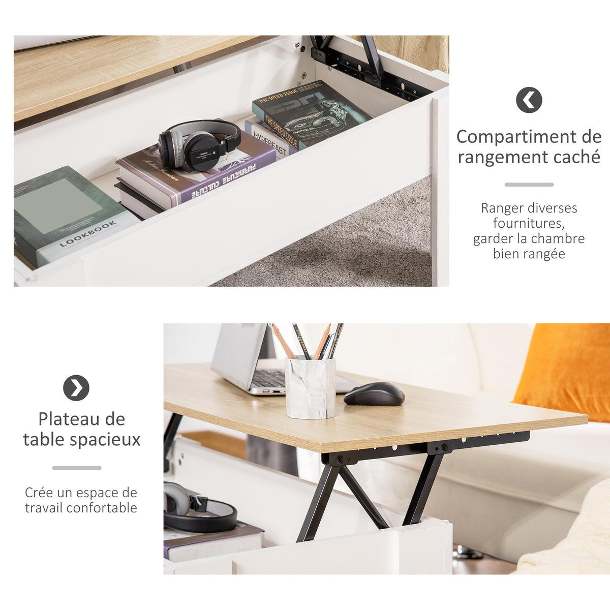 Tavolino da salotto sollevabile, tavolo con vano nascosto, stile moderno, per soggiorno, ufficio, 100x50x45cm, bianco