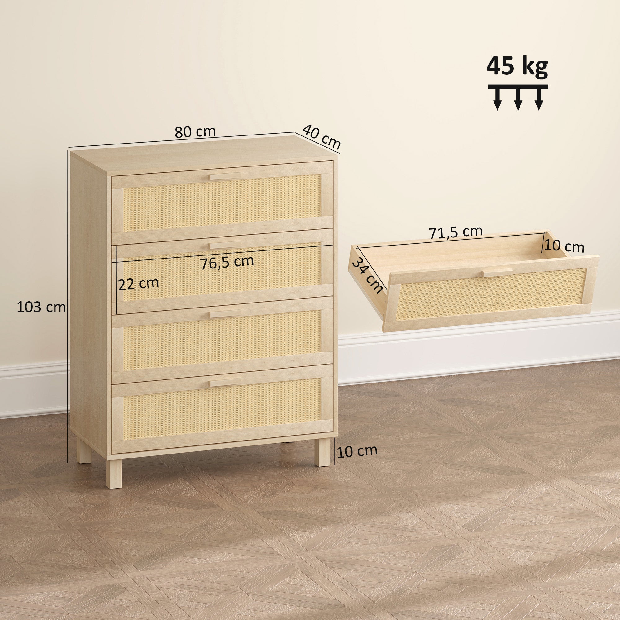 Kommode mit 4 Schubladen, Rattan-Geflecht, Maße 80L x 40B x 103H cm, MDF in heller Holzoptik