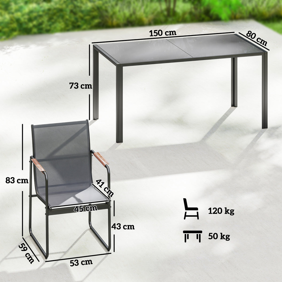 Ensemble de Salle à Manger d'Extérieur 7 Pièces pour 6 Personnes, Table en Verre et Chaises en Maille avec Accoudoirs Décoratifs, Gris