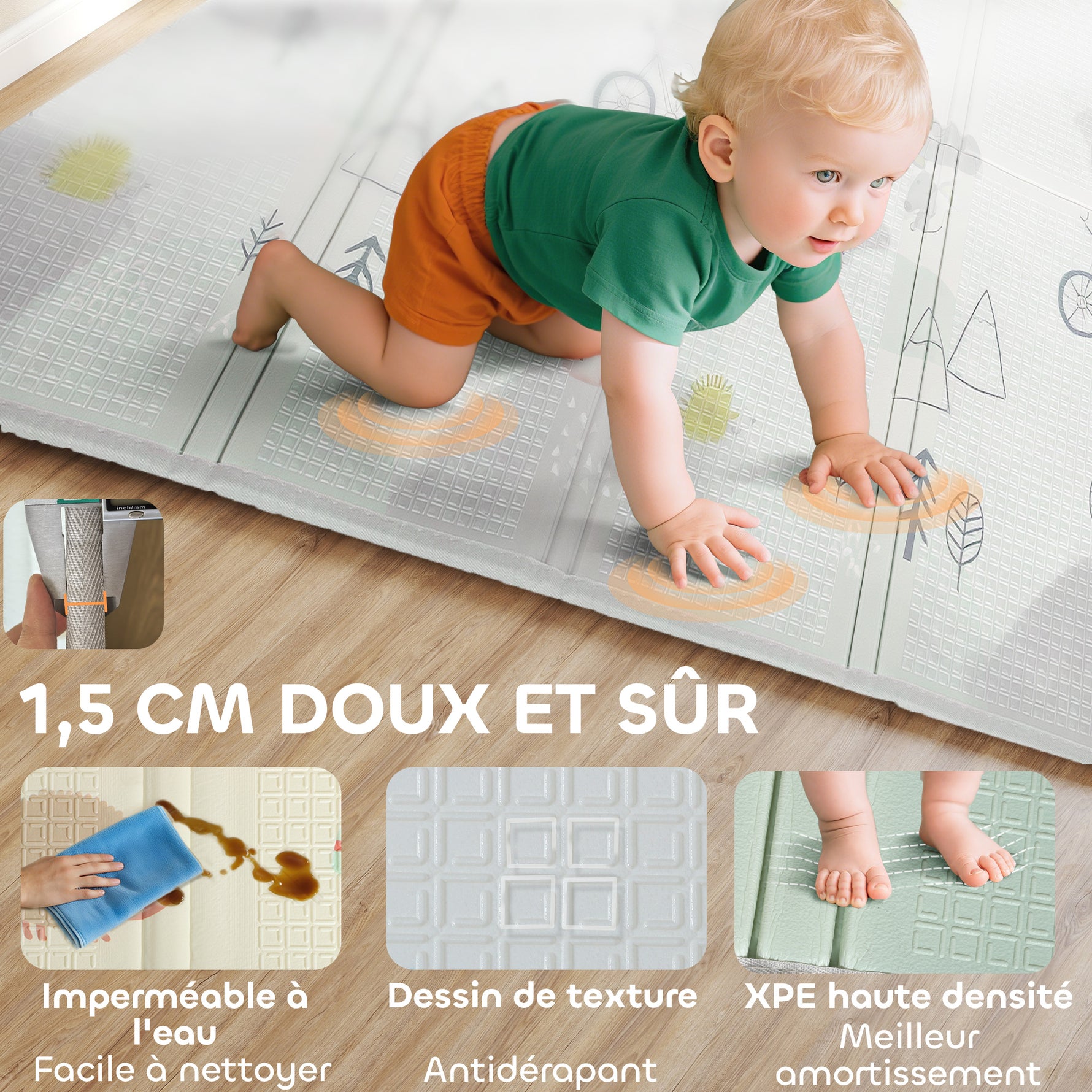 Tapis de jeu pour bébé pliable et réversible, tapis de sol en mousse épais, 200 x 150 x 1,5 cm, multicolore