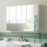 Armadietto a muro per bagno con specchio, mobiletto da bagno a 3 ante a specchio, ripiani regolabili, 91,5x11,5x65cm, bianco