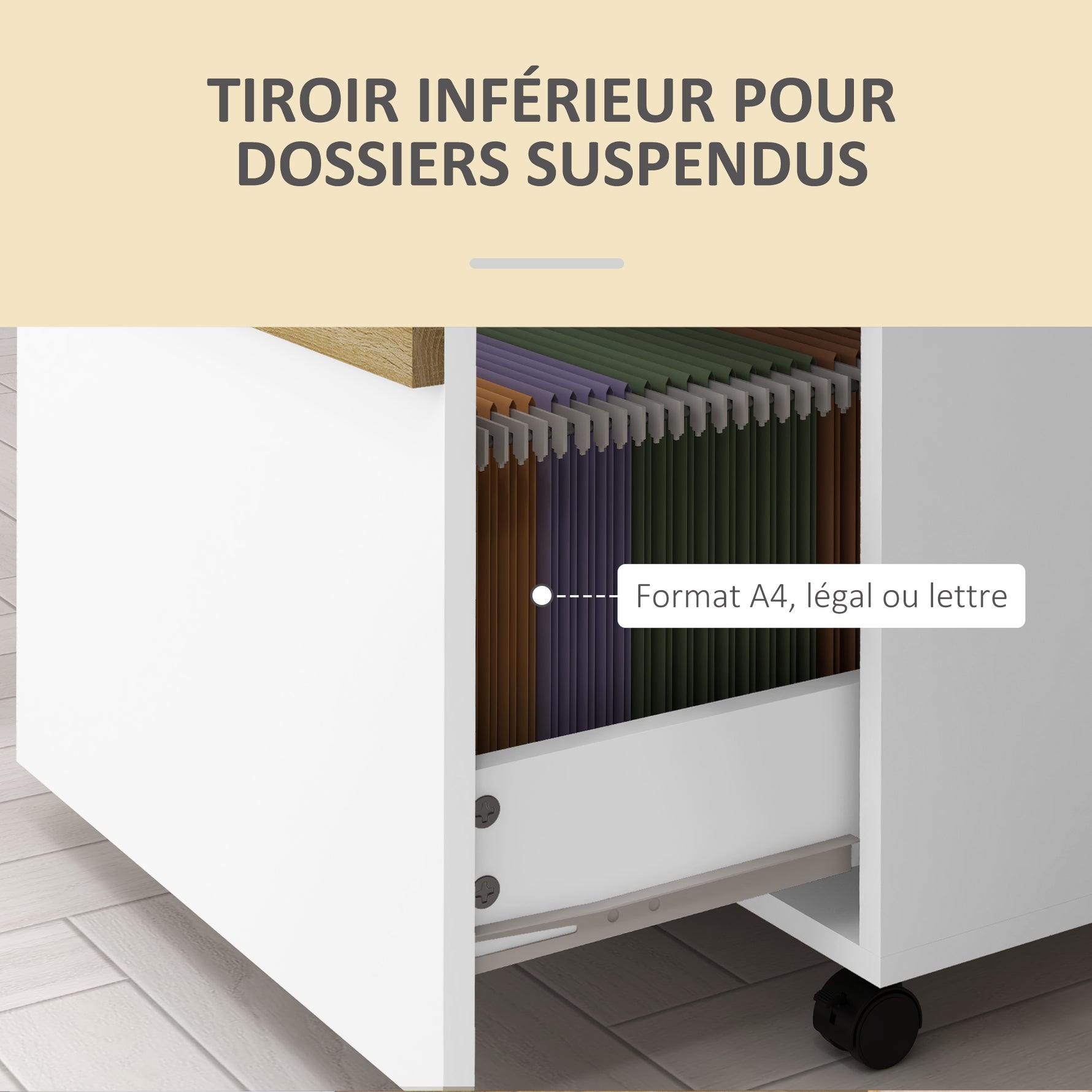 Caisson de bureau à roulettes avec 2 tiroirs coulissants trieur à dossiers 48 x 40 x 59,5 cm blanc