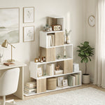 Estantería de almacenamiento, librería geométrica de 5 niveles, para oficina, salón, dormitorio, blanco y madera natural