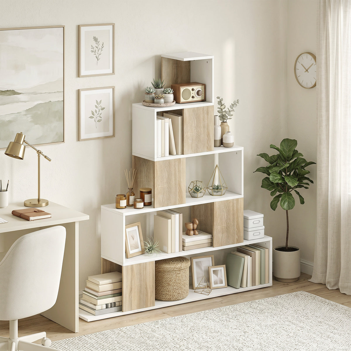 Estantería de almacenamiento, librería geométrica de 5 niveles, para oficina, salón, dormitorio, blanco y madera natural